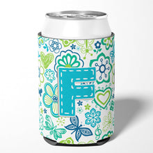 Load image into Gallery viewer, Letter F Flowers and Butterflies Teal Blue Can or Bottle Hugger CJ2006-FCC