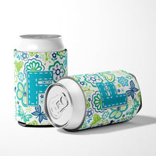 Load image into Gallery viewer, Letter F Flowers and Butterflies Teal Blue Can or Bottle Hugger CJ2006-FCC