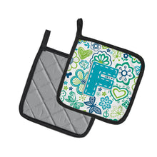 Load image into Gallery viewer, Letter F Flowers and Butterflies Teal Blue Pot Holders - Set of 2 - Heat-Resistant Kitchen Essentials CJ2006-FPTHD