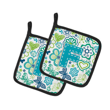 Load image into Gallery viewer, Letter F Flowers and Butterflies Teal Blue Pot Holders - Set of 2 - Heat-Resistant Kitchen Essentials CJ2006-FPTHD