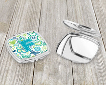 Load image into Gallery viewer, Letter F Flowers and Butterflies Teal Blue Compact Mirror – Stylish Purse Mirror with Artistic Covers CJ2006-FSCM