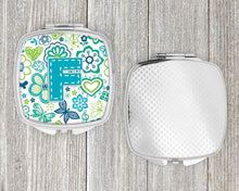 Load image into Gallery viewer, Letter F Flowers and Butterflies Teal Blue Compact Mirror – Stylish Purse Mirror with Artistic Covers CJ2006-FSCM