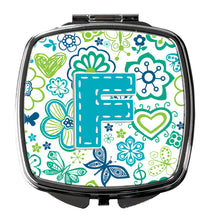 Load image into Gallery viewer, Letter F Flowers and Butterflies Teal Blue Compact Mirror – Stylish Purse Mirror with Artistic Covers CJ2006-FSCM