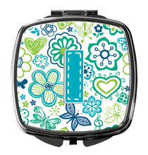 Load image into Gallery viewer, Letter I Flowers and Butterflies Teal Blue Compact Mirror – Stylish Purse Mirror with Artistic Covers CJ2006-ISCM