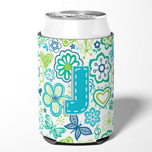 Load image into Gallery viewer, Letter J Flowers and Butterflies Teal Blue Can or Bottle Hugger CJ2006-JCC