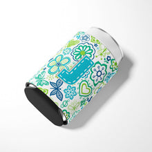 Load image into Gallery viewer, Letter J Flowers and Butterflies Teal Blue Can or Bottle Hugger CJ2006-JCC