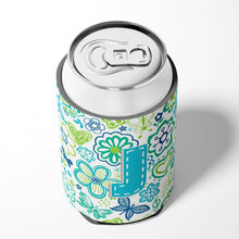 Load image into Gallery viewer, Letter J Flowers and Butterflies Teal Blue Can or Bottle Hugger CJ2006-JCC