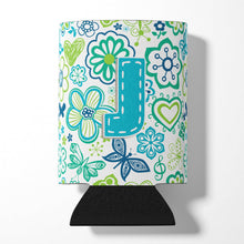 Load image into Gallery viewer, Letter J Flowers and Butterflies Teal Blue Can or Bottle Hugger CJ2006-JCC