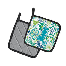 Load image into Gallery viewer, Letter J Flowers and Butterflies Teal Blue Pot Holders - Set of 2 - Heat-Resistant Kitchen Essentials CJ2006-JPTHD