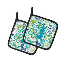 Load image into Gallery viewer, Letter J Flowers and Butterflies Teal Blue Pot Holders - Set of 2 - Heat-Resistant Kitchen Essentials CJ2006-JPTHD