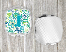 Load image into Gallery viewer, Letter J Flowers and Butterflies Teal Blue Compact Mirror – Stylish Purse Mirror with Artistic Covers CJ2006-JSCM