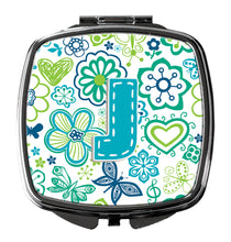 Load image into Gallery viewer, Letter J Flowers and Butterflies Teal Blue Compact Mirror – Stylish Purse Mirror with Artistic Covers CJ2006-JSCM