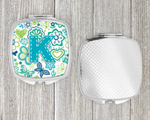Load image into Gallery viewer, Letter K Flowers and Butterflies Teal Blue Compact Mirror – Stylish Purse Mirror with Artistic Covers CJ2006-KSCM