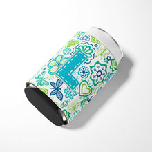 Load image into Gallery viewer, Letter L Flowers and Butterflies Teal Blue Can or Bottle Hugger CJ2006-LCC