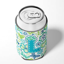 Load image into Gallery viewer, Letter L Flowers and Butterflies Teal Blue Can or Bottle Hugger CJ2006-LCC