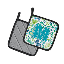 Load image into Gallery viewer, Letter M Flowers and Butterflies Teal Blue Pot Holders - Set of 2 - Heat-Resistant Kitchen Essentials CJ2006-MPTHD