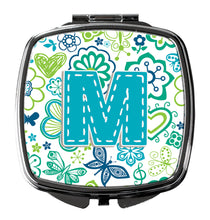 Load image into Gallery viewer, Letter M Flowers and Butterflies Teal Blue Compact Mirror – Stylish Purse Mirror with Artistic Covers CJ2006-MSCM