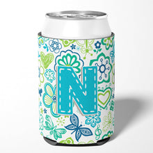 Load image into Gallery viewer, Letter N Flowers and Butterflies Teal Blue Can or Bottle Hugger CJ2006-NCC