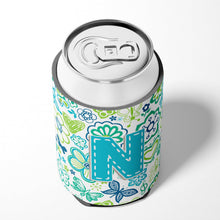 Load image into Gallery viewer, Letter N Flowers and Butterflies Teal Blue Can or Bottle Hugger CJ2006-NCC