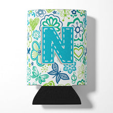 Load image into Gallery viewer, Letter N Flowers and Butterflies Teal Blue Can or Bottle Hugger CJ2006-NCC