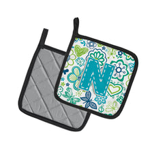 Load image into Gallery viewer, Letter N Flowers and Butterflies Teal Blue Pot Holders - Set of 2 - Heat-Resistant Kitchen Essentials CJ2006-NPTHD