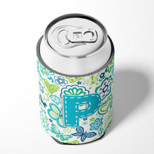 Load image into Gallery viewer, Letter P Flowers and Butterflies Teal Blue Can or Bottle Hugger CJ2006-PCC