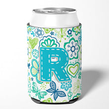 Load image into Gallery viewer, Letter R Flowers and Butterflies Teal Blue Can or Bottle Hugger CJ2006-RCC