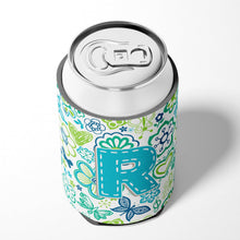 Load image into Gallery viewer, Letter R Flowers and Butterflies Teal Blue Can or Bottle Hugger CJ2006-RCC