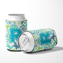 Load image into Gallery viewer, Letter R Flowers and Butterflies Teal Blue Can or Bottle Hugger CJ2006-RCC