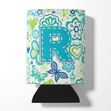 Load image into Gallery viewer, Letter R Flowers and Butterflies Teal Blue Can or Bottle Hugger CJ2006-RCC