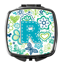 Load image into Gallery viewer, Letter R Flowers and Butterflies Teal Blue Compact Mirror – Stylish Purse Mirror with Artistic Covers CJ2006-RSCM