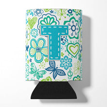 Load image into Gallery viewer, Letter T Flowers and Butterflies Teal Blue Can or Bottle Hugger CJ2006-TCC