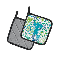 Load image into Gallery viewer, Letter T Flowers and Butterflies Teal Blue Pot Holders - Set of 2 - Heat-Resistant Kitchen Essentials CJ2006-TPTHD
