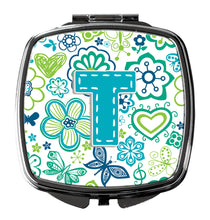 Load image into Gallery viewer, Letter T Flowers and Butterflies Teal Blue Compact Mirror – Stylish Purse Mirror with Artistic Covers CJ2006-TSCM