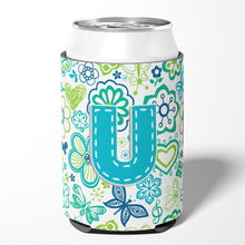 Load image into Gallery viewer, Letter U Flowers and Butterflies Teal Blue Can or Bottle Hugger CJ2006-UCC