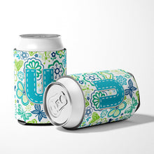 Load image into Gallery viewer, Letter U Flowers and Butterflies Teal Blue Can or Bottle Hugger CJ2006-UCC