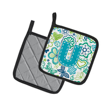 Load image into Gallery viewer, Letter U Flowers and Butterflies Teal Blue Pot Holders - Set of 2 - Heat-Resistant Kitchen Essentials CJ2006-UPTHD