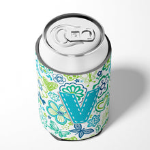 Load image into Gallery viewer, Letter V Flowers and Butterflies Teal Blue Can or Bottle Hugger CJ2006-VCC