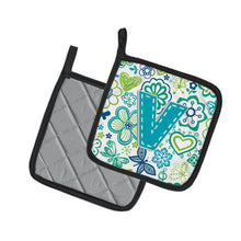 Load image into Gallery viewer, Letter V Flowers and Butterflies Teal Blue Pot Holders - Set of 2 - Heat-Resistant Kitchen Essentials CJ2006-VPTHD
