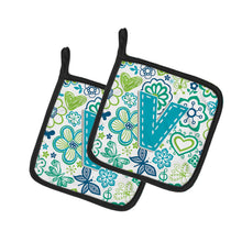 Load image into Gallery viewer, Letter V Flowers and Butterflies Teal Blue Pot Holders - Set of 2 - Heat-Resistant Kitchen Essentials CJ2006-VPTHD