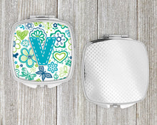 Load image into Gallery viewer, Letter V Flowers and Butterflies Teal Blue Compact Mirror – Stylish Purse Mirror with Artistic Covers CJ2006-VSCM