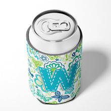 Load image into Gallery viewer, Letter W Flowers and Butterflies Teal Blue Can or Bottle Hugger CJ2006-WCC