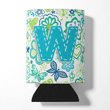 Load image into Gallery viewer, Letter W Flowers and Butterflies Teal Blue Can or Bottle Hugger CJ2006-WCC