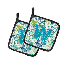 Load image into Gallery viewer, Letter W Flowers and Butterflies Teal Blue Pot Holders - Set of 2 - Heat-Resistant Kitchen Essentials CJ2006-WPTHD