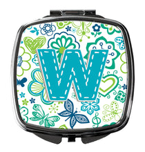 Load image into Gallery viewer, Letter W Flowers and Butterflies Teal Blue Compact Mirror – Stylish Purse Mirror with Artistic Covers CJ2006-WSCM