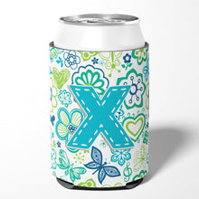 Load image into Gallery viewer, Letter X Flowers and Butterflies Teal Blue Can or Bottle Hugger CJ2006-XCC