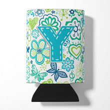 Load image into Gallery viewer, Letter Y Flowers and Butterflies Teal Blue Can or Bottle Hugger CJ2006-YCC