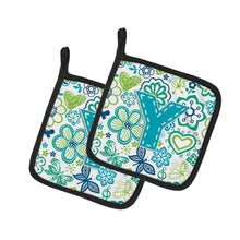 Load image into Gallery viewer, Letter Y Flowers and Butterflies Teal Blue Pot Holders - Set of 2 - Heat-Resistant Kitchen Essentials CJ2006-YPTHD