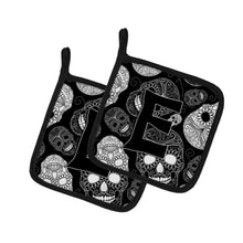 Load image into Gallery viewer, Letter E Day of the Dead Skulls Black Pot Holders - Set of 2 - Heat-Resistant Kitchen Essentials CJ2008-EPTHD