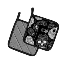 Load image into Gallery viewer, Letter F Day of the Dead Skulls Black Pot Holders - Set of 2 - Heat-Resistant Kitchen Essentials CJ2008-FPTHD